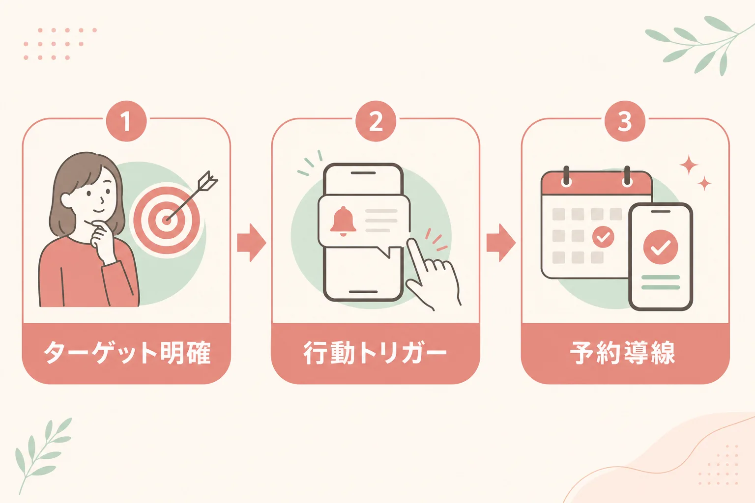 予約につながる投稿の3条件フロー図(ターゲット明確・行動トリガー・予約導線)