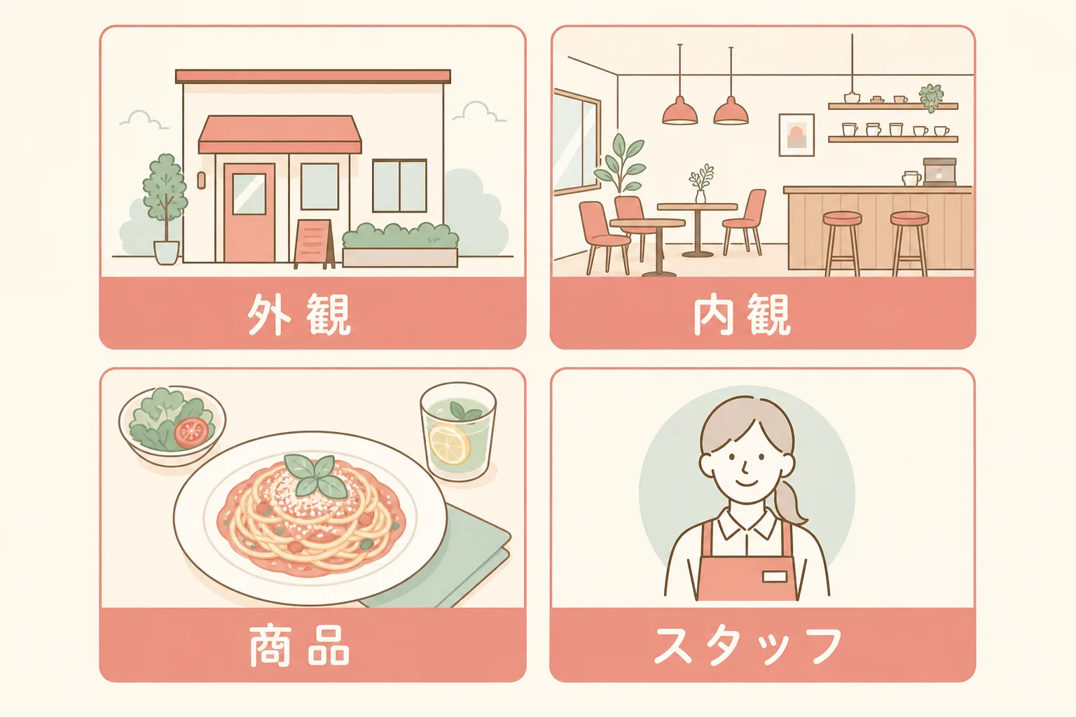 Googleビジネスプロフィールで揃えるべき4つの写真カテゴリ:外観・内観・商品・スタッフの図解