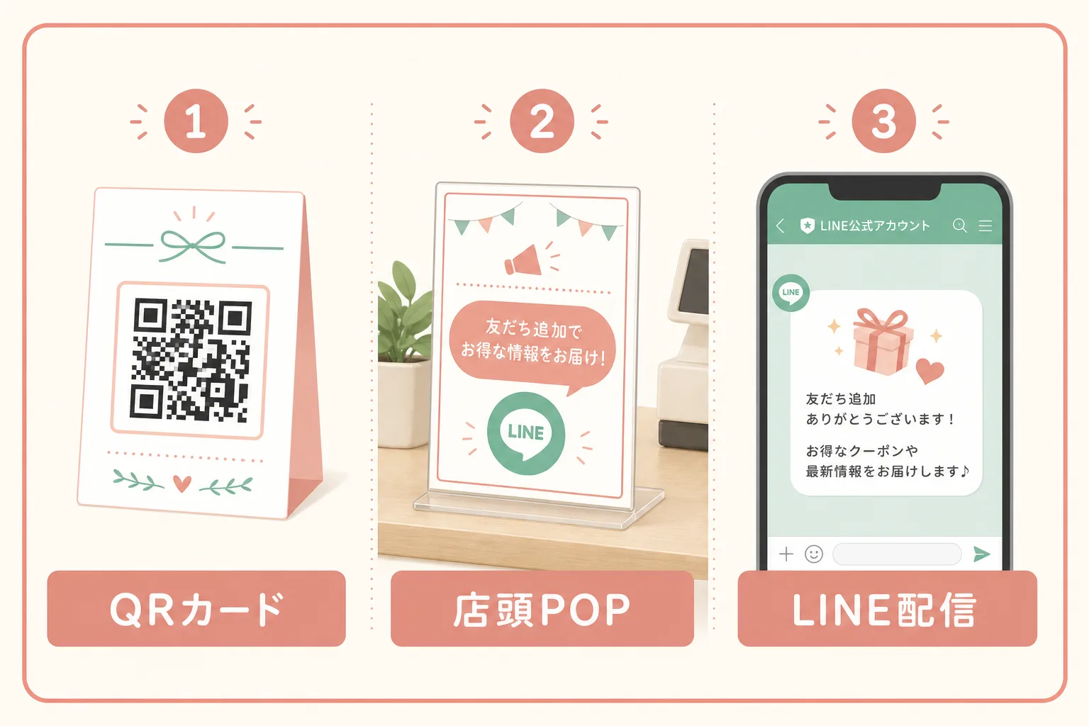 口コミを継続的に増やす3つの仕組み：QRカード・店頭POP・LINE配信