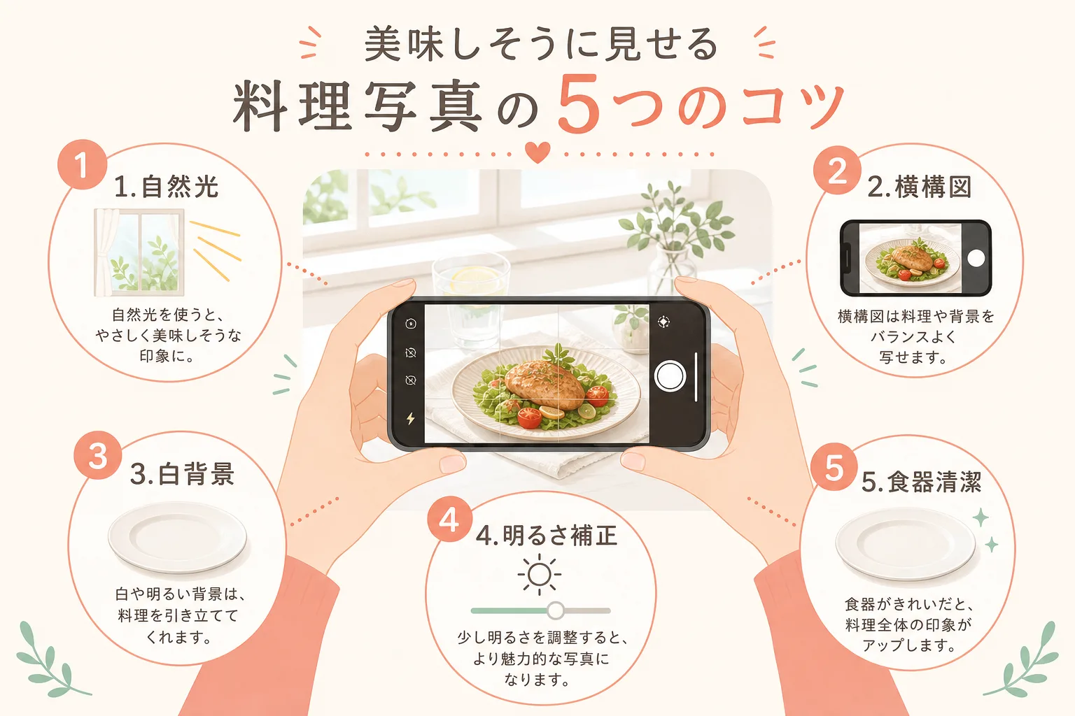 ホームページ用料理写真の撮り方5つのポイント:自然光・横構図・白背景・明るさ補正・食器清潔の図解