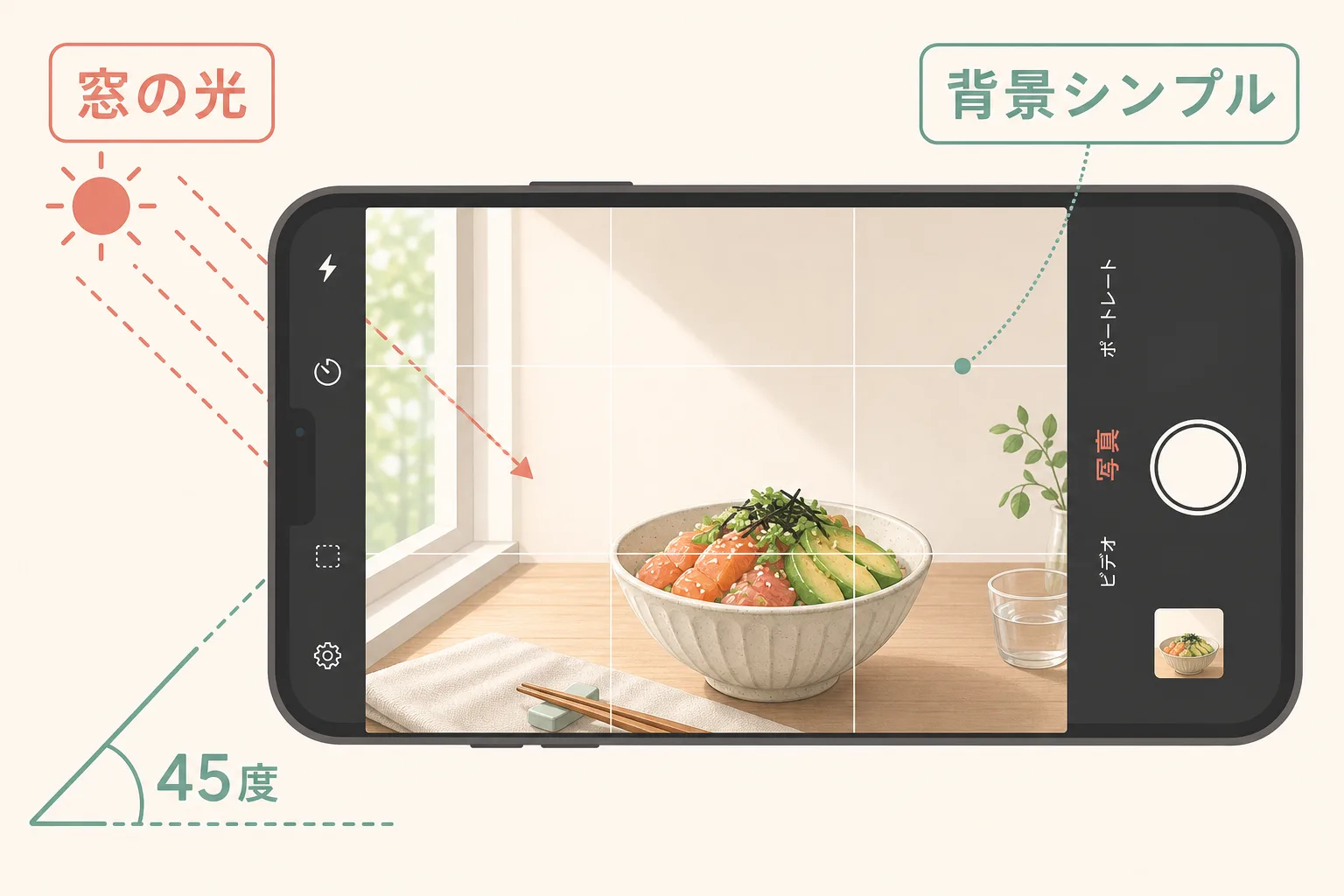スマホカメラで料理を撮る際の光の方向・45度アングル・背景整理の図解