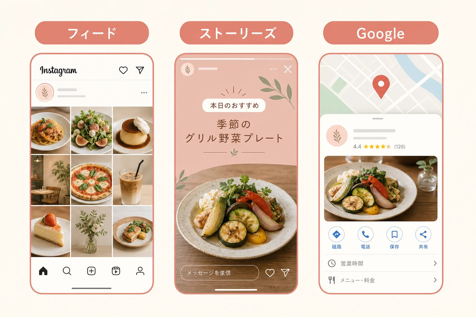 Instagramフィード・ストーリーズ・Googleビジネスプロフィールへの料理写真活用先の図解