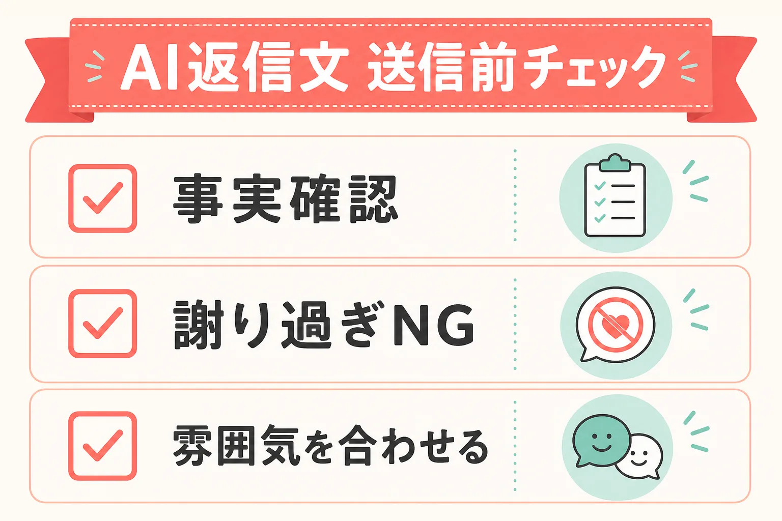 AI返信文の送信前チェック3点:事実確認・謝り過ぎNG・雰囲気を合わせる のチェックリスト図解