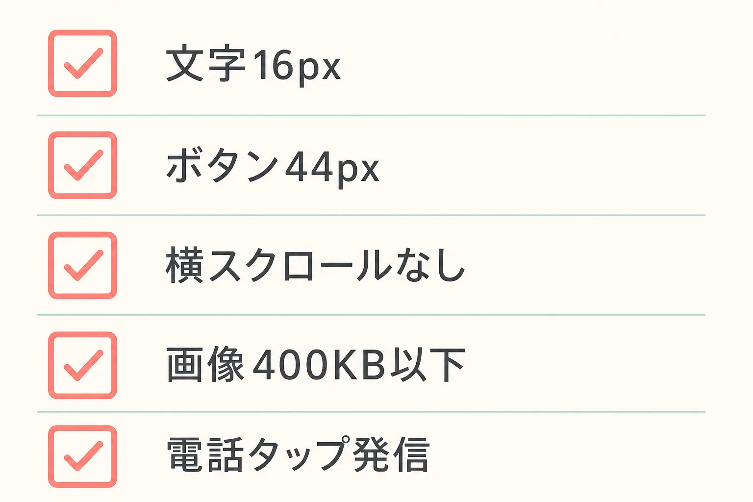 スマホ対応5つの基本チェックリスト：文字16px・ボタン44px・横スクロールなし・画像400KB以下・電話タップ発信