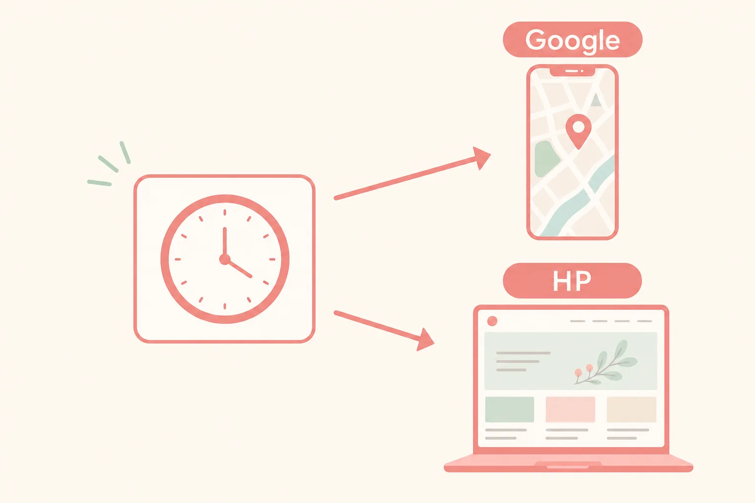 営業時間変更後にGoogleとHPの2カ所を更新する流れを示す図解