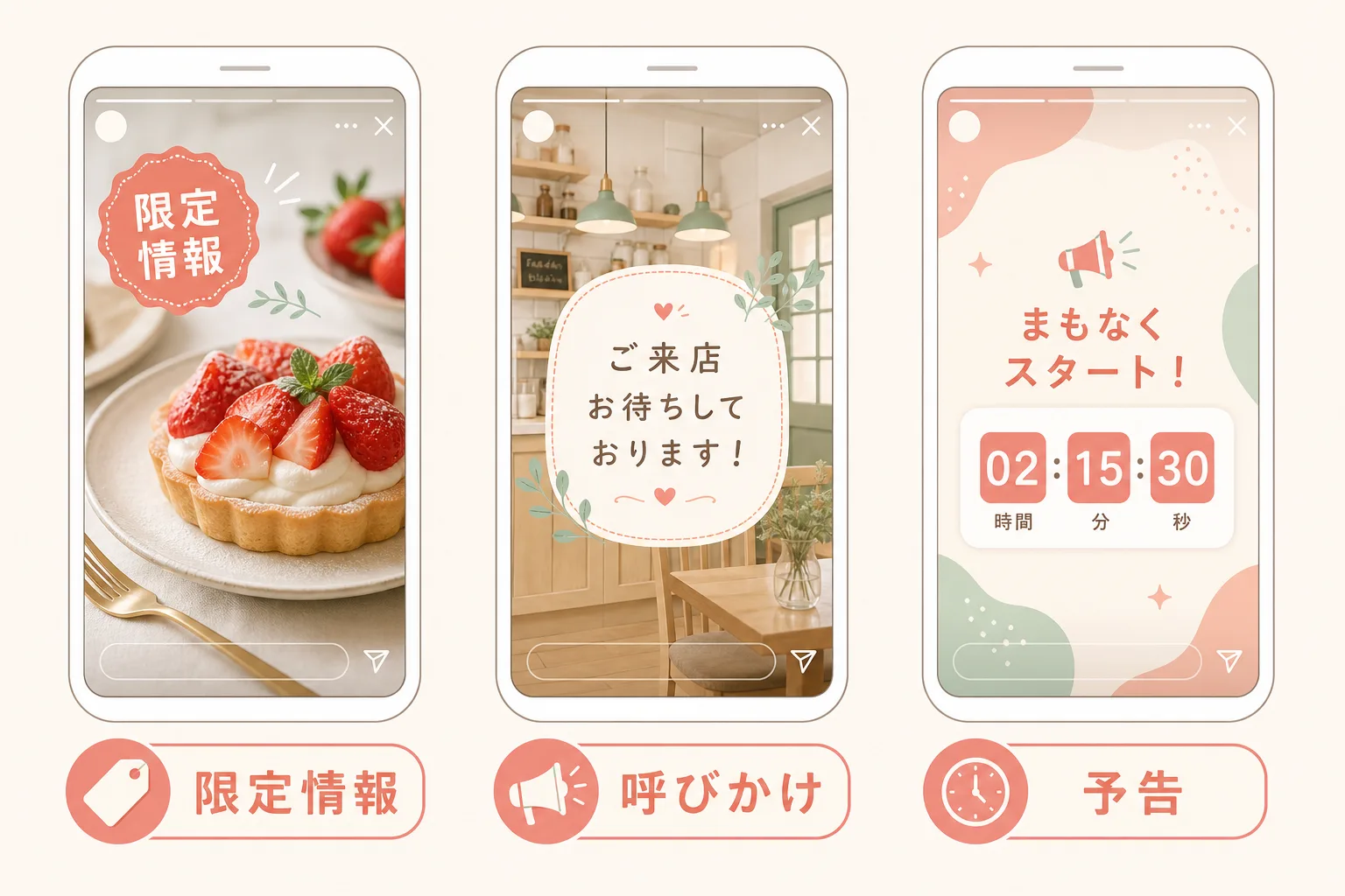 来店につながるストーリーズの3つの投稿パターン(限定情報・呼びかけ・予告/カウントダウン)を3枚のスマホ画面で示した図解