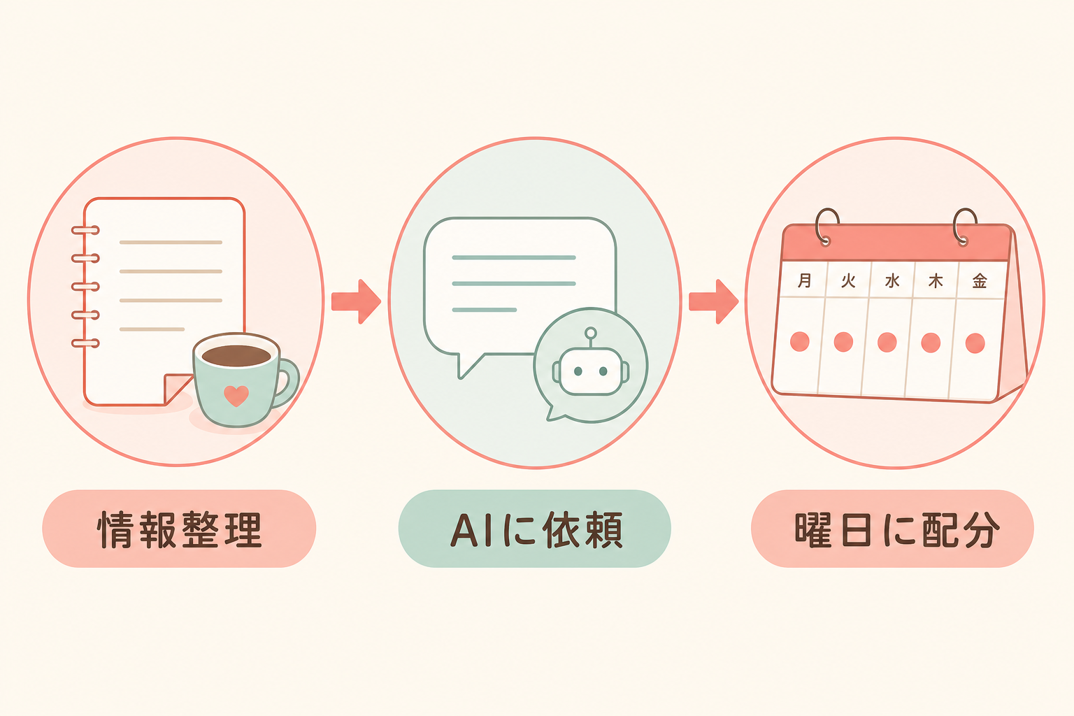 カフェの一次情報を準備しAIに依頼して5本の投稿文を作る3ステップの図解