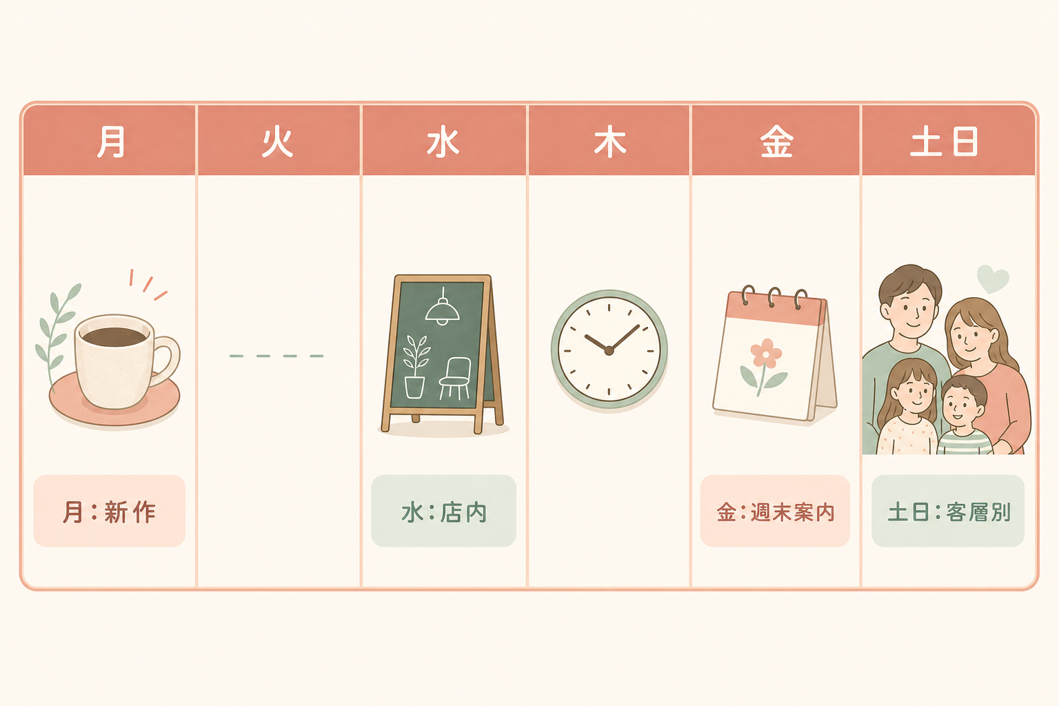 月水金土日の曜日ごとに異なるカフェの投稿テーマを示す週間カレンダー型の図解