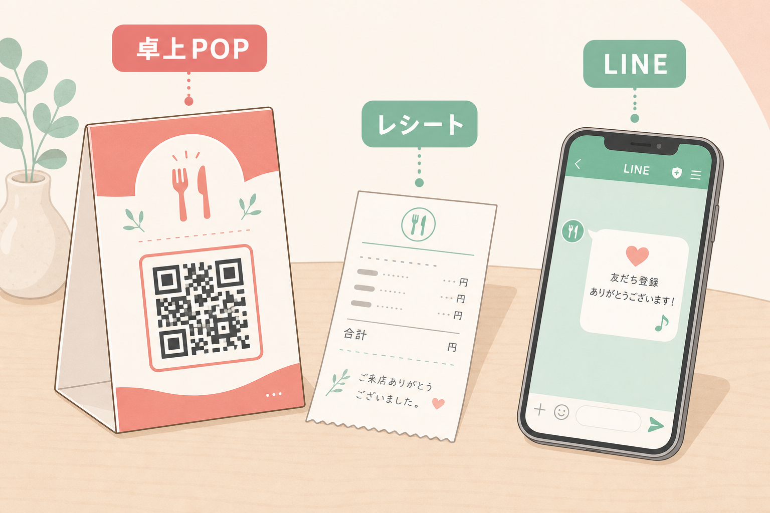 卓上POPのQRコード・レシート・LINEで口コミ依頼を後押しする仕掛けの図解