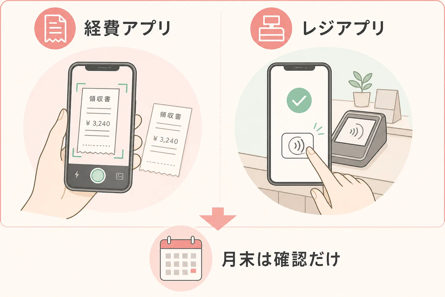 経費管理アプリとPOSレジアプリの役割分担を示す図解:レシート撮影は経費アプリ、会計入力は売上アプリ