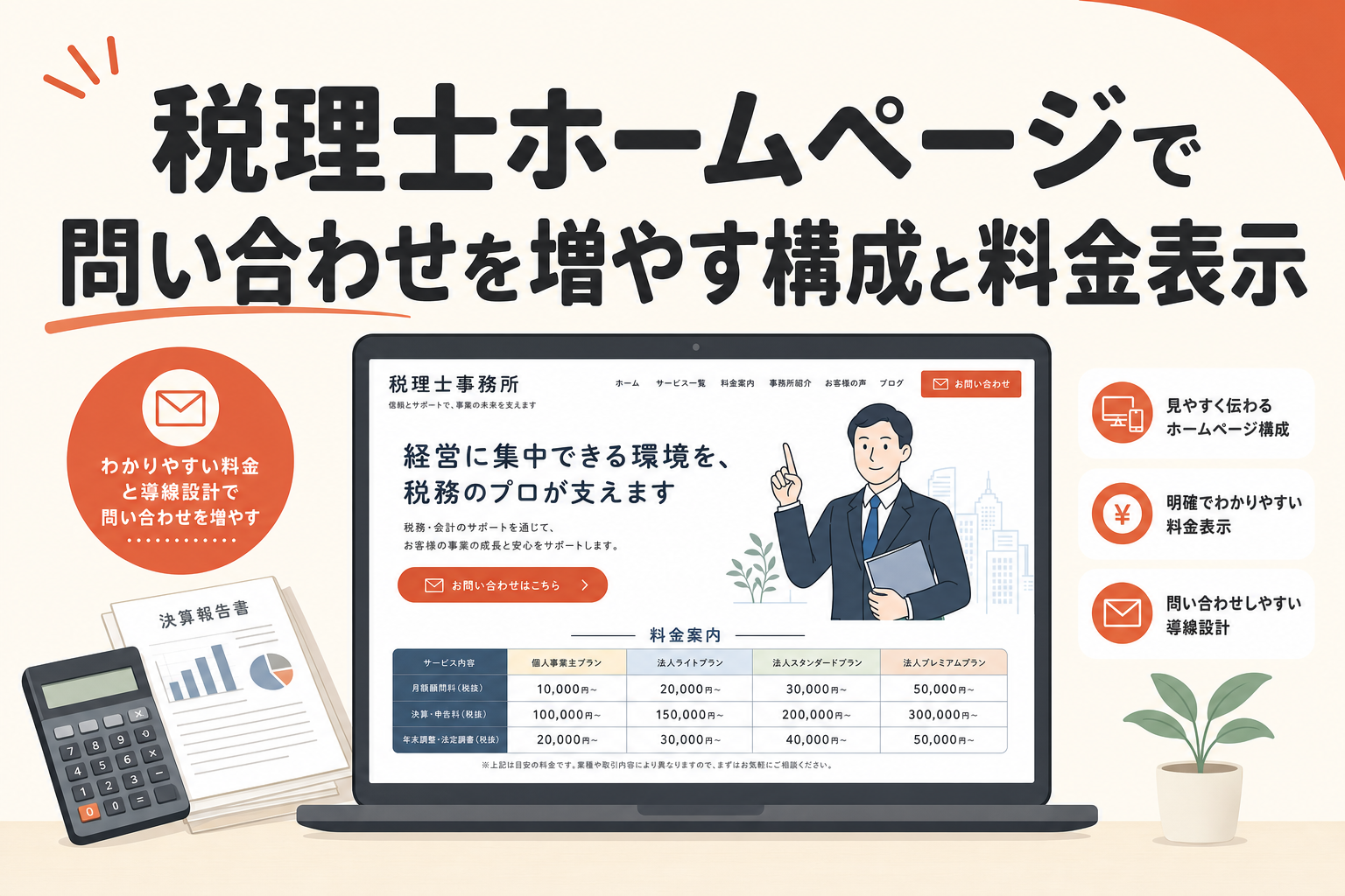 税理士ホームページで問い合わせを増やす構成と料金表示