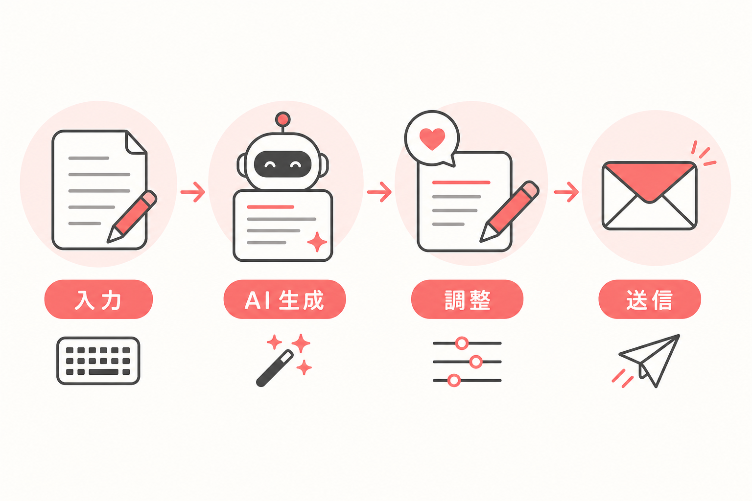 問い合わせ返信の下書きを作る4つのステップを示したフロー図