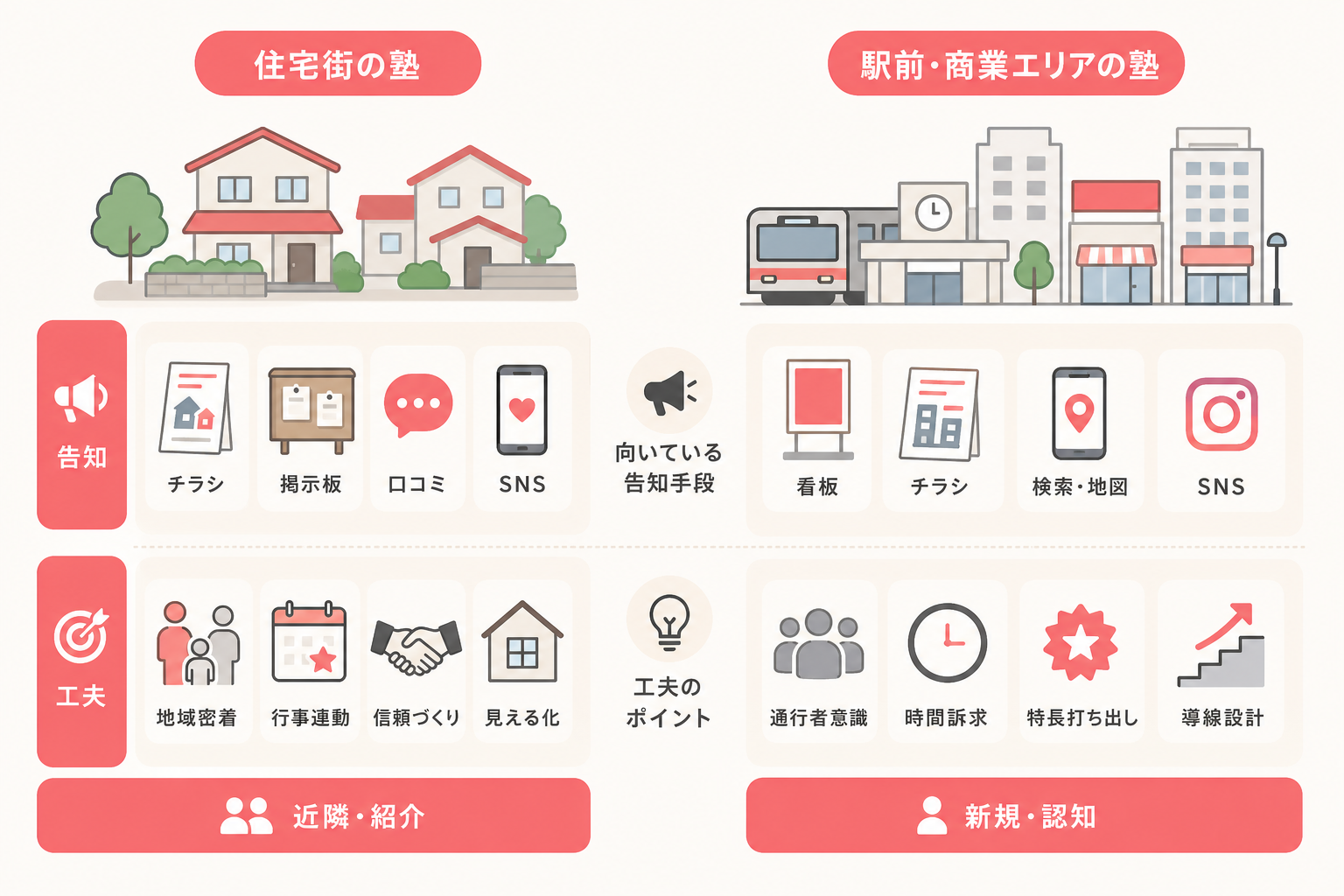 学習塾の立地タイプ別に告知の工夫を比較する図解